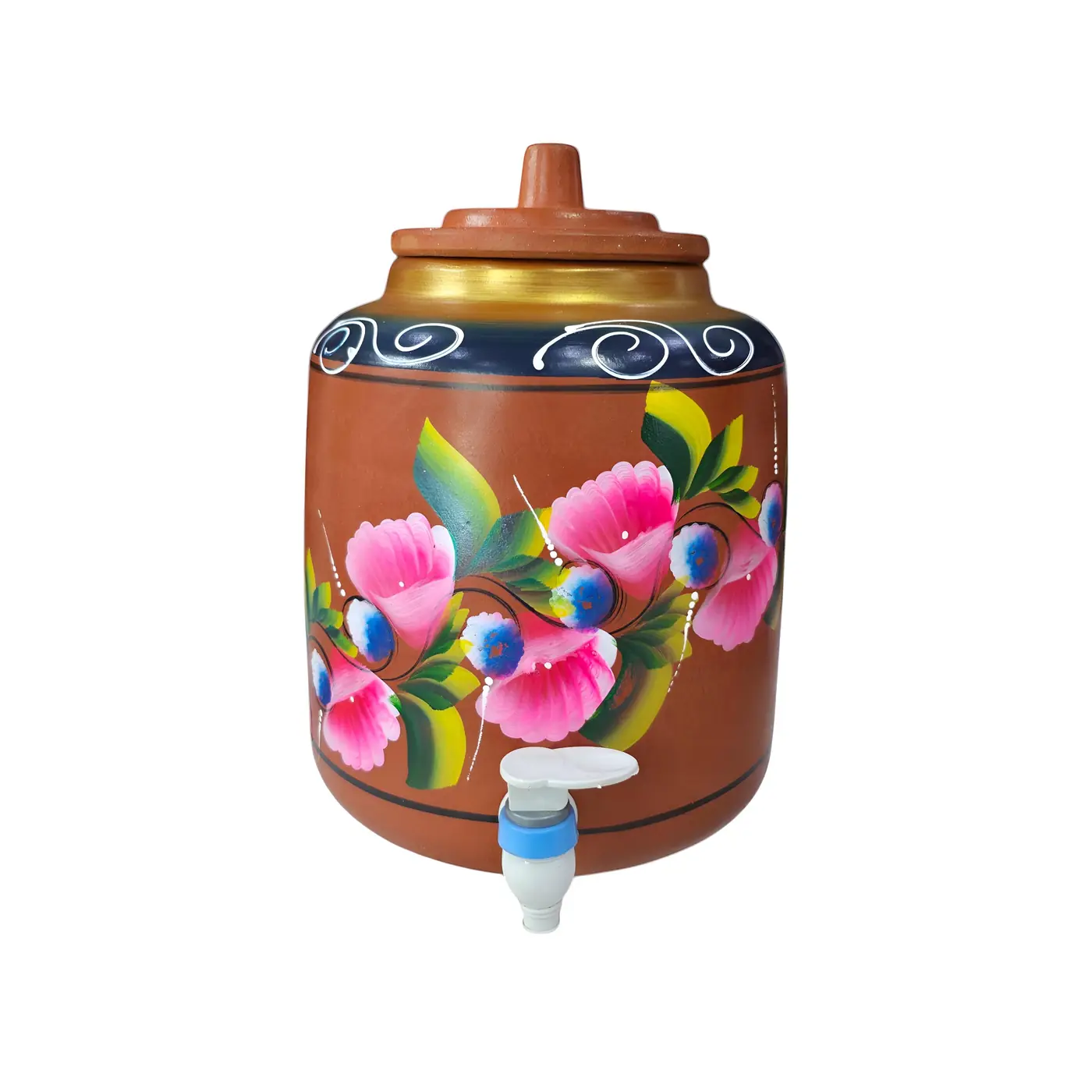 Clay Water Pot with Lid and Tap 7L Ref BG - Clay Matka handmade by Ram Pottery Mauritius