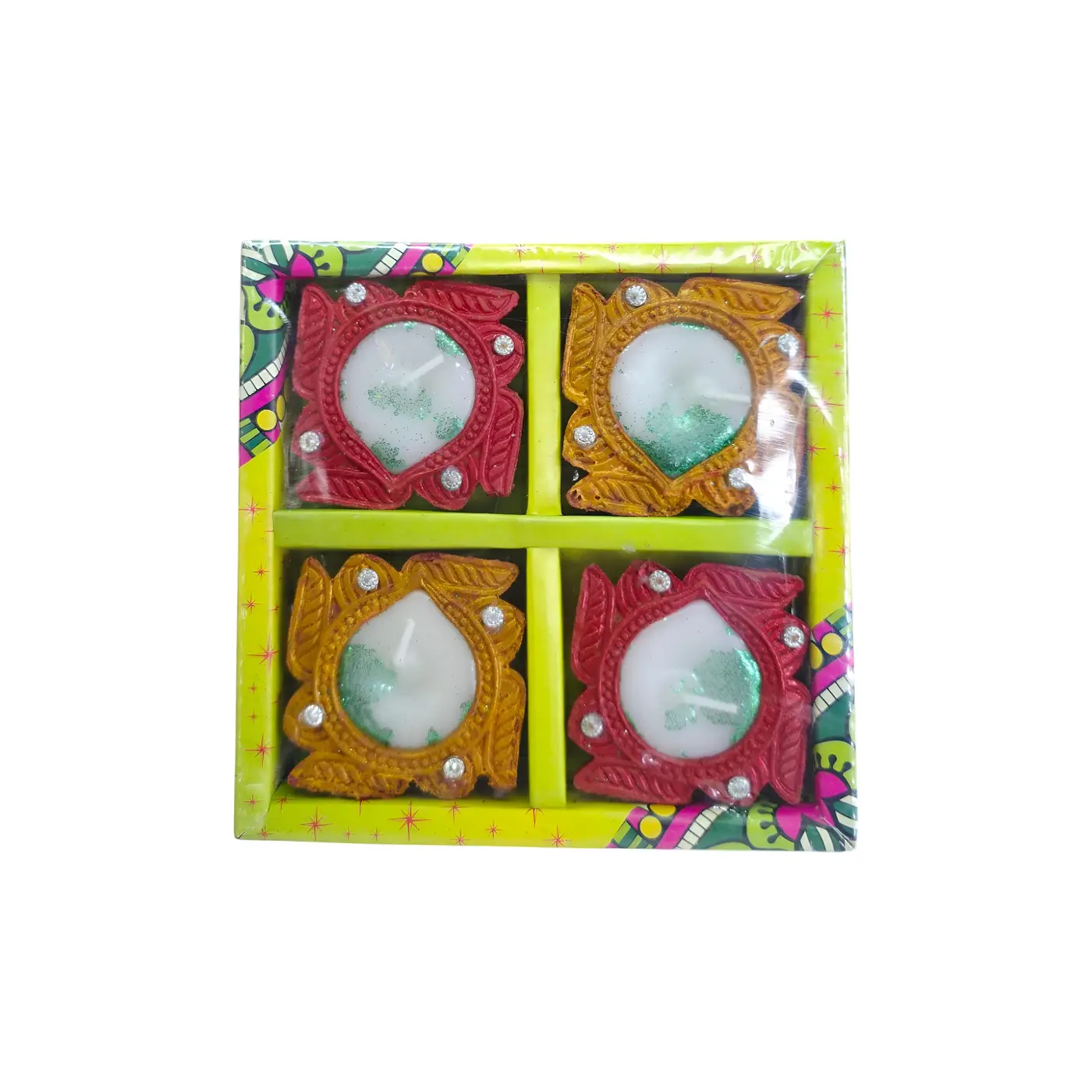 Painted Clay Diya with Wax 4pcs - Painting & Wax Lamp handmade by Ram Pottery Mauritius